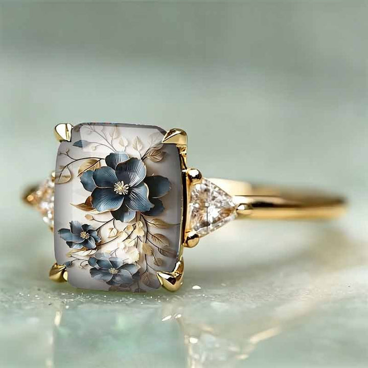 Rectangle‑Shape Blue Floral Printed Ring, Two‑Tone Options