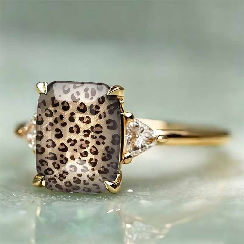 Vintage Leopard Print Rectangle Resin Stone Ring, Solid S925 Silver Gold & Silver Two-Tone Wild Trendy Unique Band