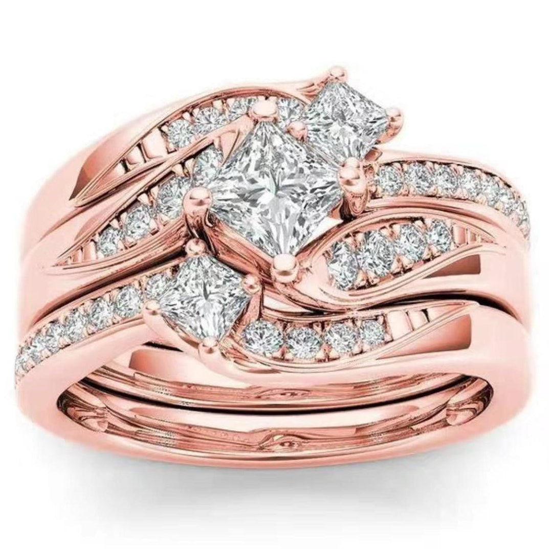 Multi‑Tone Princess‑Cut Stone Wave Stackable Ring Set