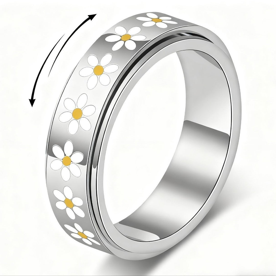 Daisy Enamel Spinner Ring, Anxiety Relief Rotatable Daisy S925 Silver Band