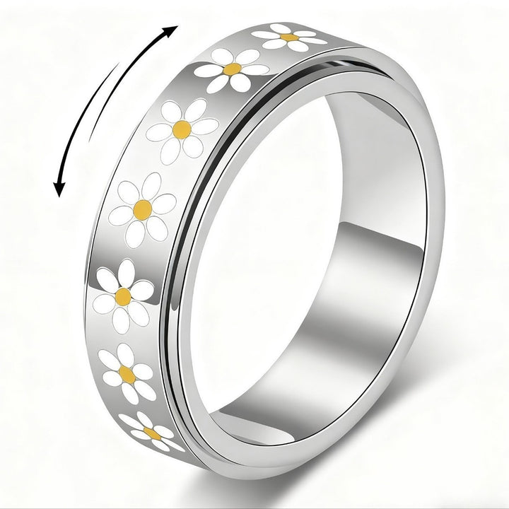Daisy Enamel Spinner Ring, Anxiety Relief Rotatable Daisy S925 Silver Band