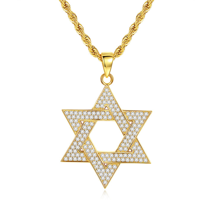 Full Paved Hexagram Pendant Necklace with Twisted Rope Chain, Vintage Streetwear Luxury Necklace