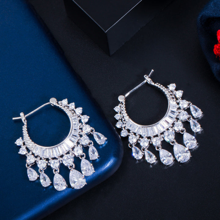 Heavy Craft Gem Crescent Teardrop Dangle Hoop Earrings, Full Paved Multi-Layer Tassel Click Hoop, Luxury Stage Banquet Formal Jewelry