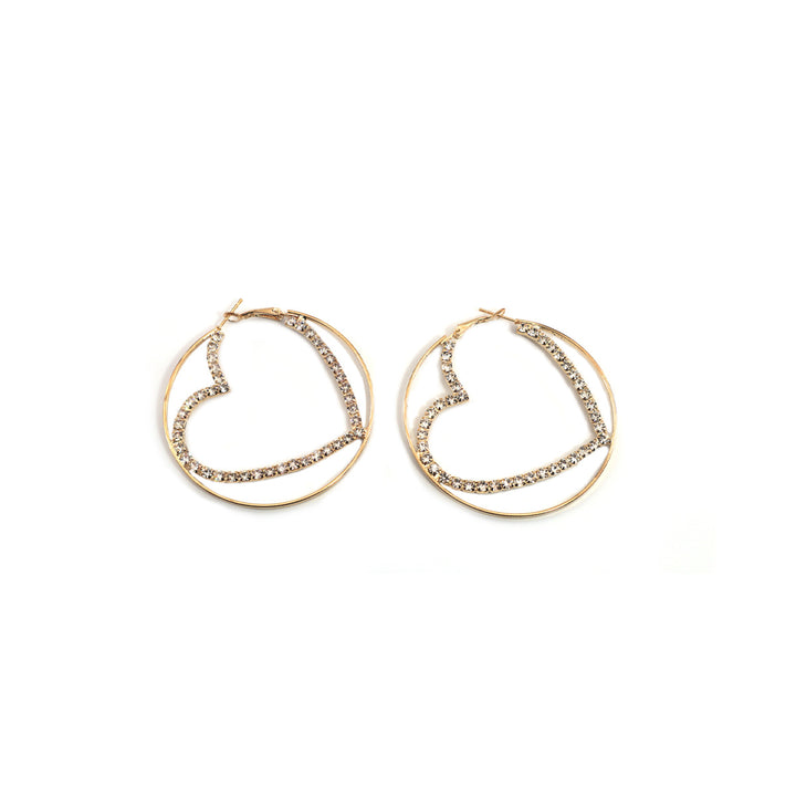 Double Layer Heart Rhinestone Hoop Earrings, Hollow Heart Diamond Circle Earrings, Gold & Silver Sweet Cool Earrings