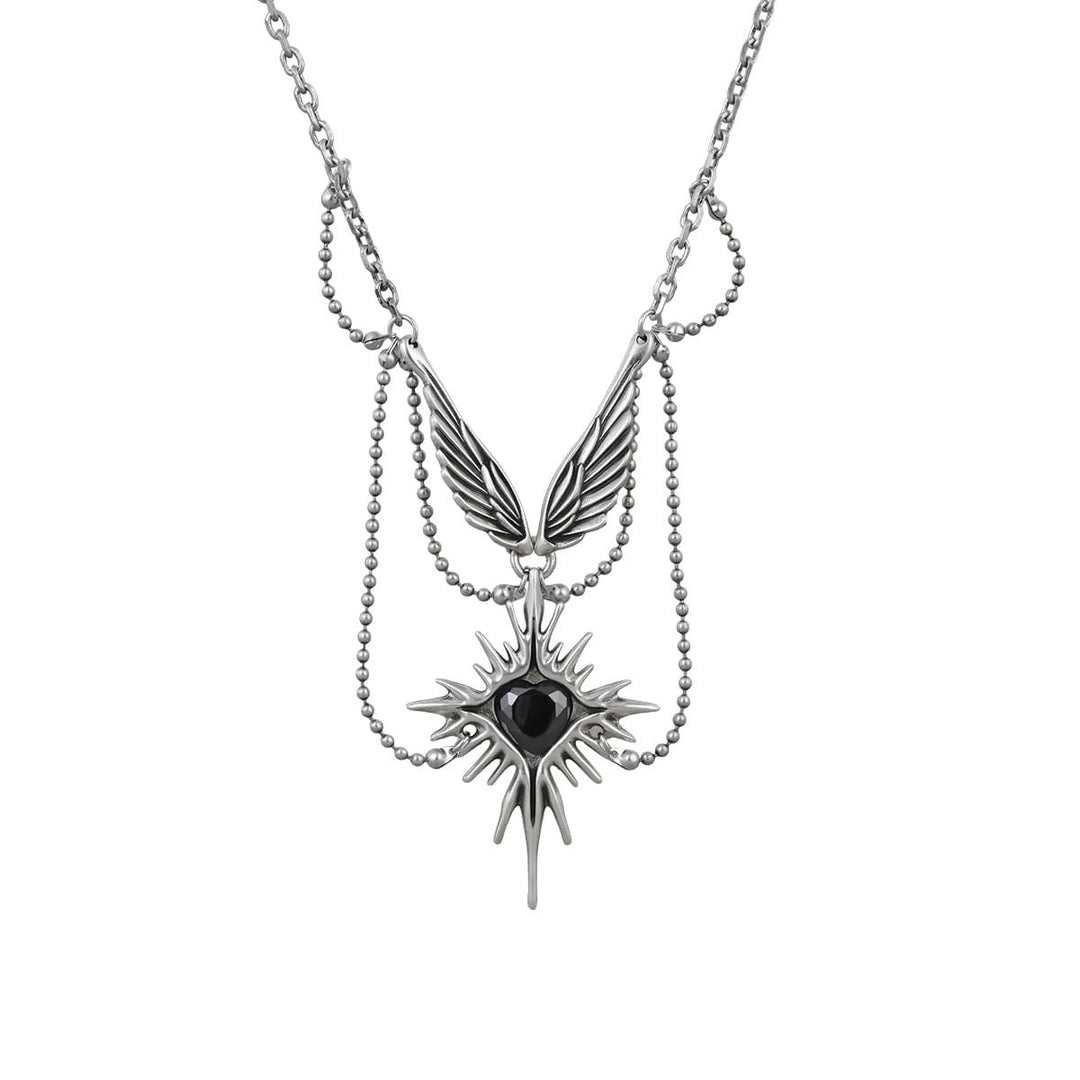 Vintage Wing Black Heart Star Necklace, Heavy Multi-Chain Wing Pendant, Antique Gold & Antique Silver Options
