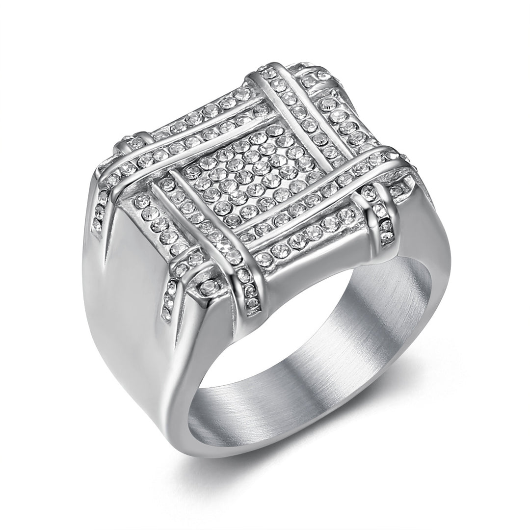 Paved Grid Square Wide Signet Ring, S925 Silver 14K Gold Plated Heavy Luxury Unisex Statement Band