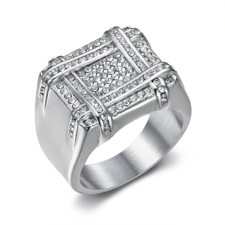 Paved Grid Square Wide Signet Ring, S925 Silver 14K Gold Plated Heavy Luxury Unisex Statement Band