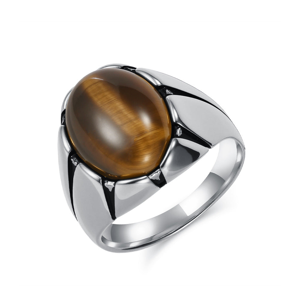S925 Silver Oval Cabochon Gemstone Men Ring, Geometric Setting Tiger's‑Eye & Black Onyx Wide Band for Men