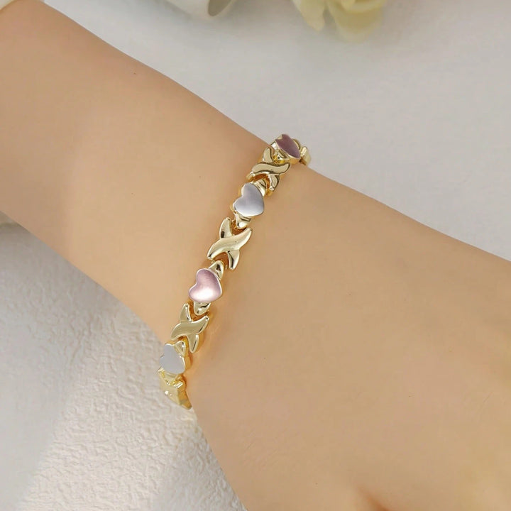 Sweet Two-Tone Enamel Heart Jewelry Set, 3Pcs Necklace Bracelet Earrings Heart Matching Jewelry