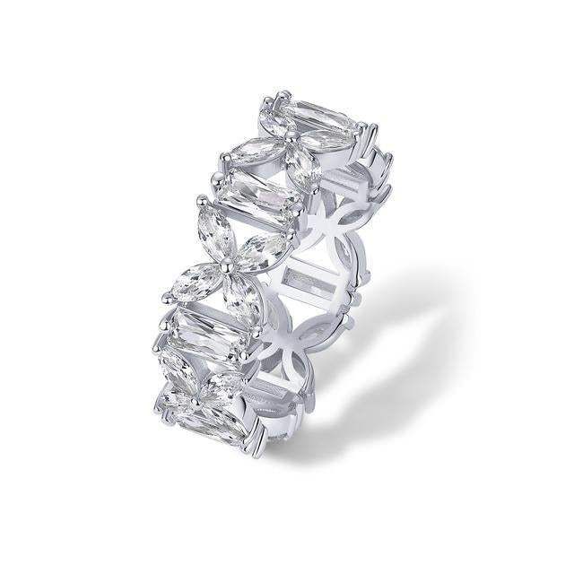 Marquise & Baguette Alternate Flower Full Eternity Ring, Open Clover Diamond Band Gold Silver Luxury Women Statement Jewelry