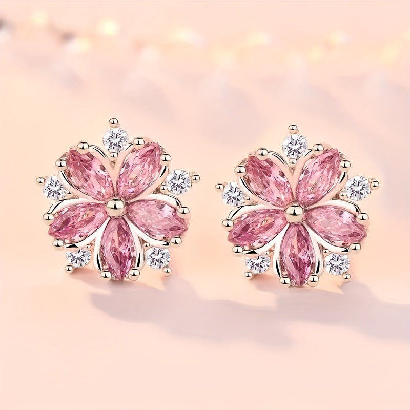 Pink Diamond Cherry Blossom Jewelry Set, Necklace Ring Earring 3‑Piece Kit