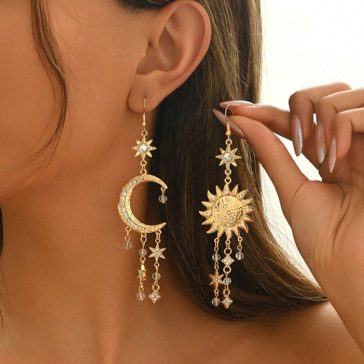 Asymmetric Sun & Moon Star Tassel S925 Silver Hook Earrings, Vintage Long Dangle Earrings with Stars & Gems, Gold / Silver / Antique Bronze Three Tones