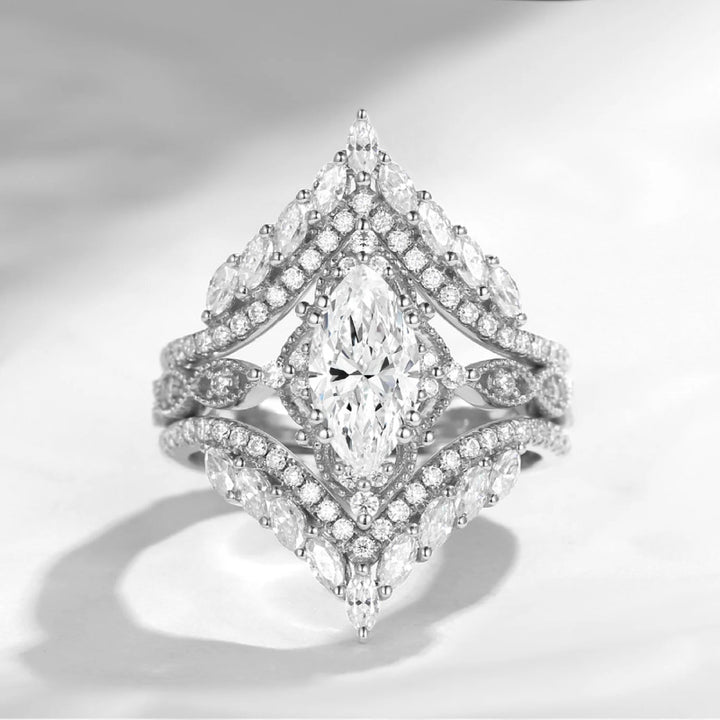 Marquise‑Cut V‑Shape 3‑Piece Stackable Ring Set, Three‑Tone Options