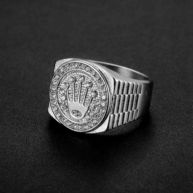 Hamsa Hand Paved Diamnd Vintage Wide Signet Ring, S925 Silver Gold & Silver Two Tone Hip Hop Men’s Band