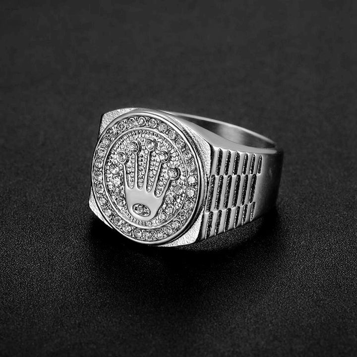 Hamsa Hand Paved Diamnd Vintage Wide Signet Ring, S925 Silver Gold & Silver Two Tone Hip Hop Men’s Band