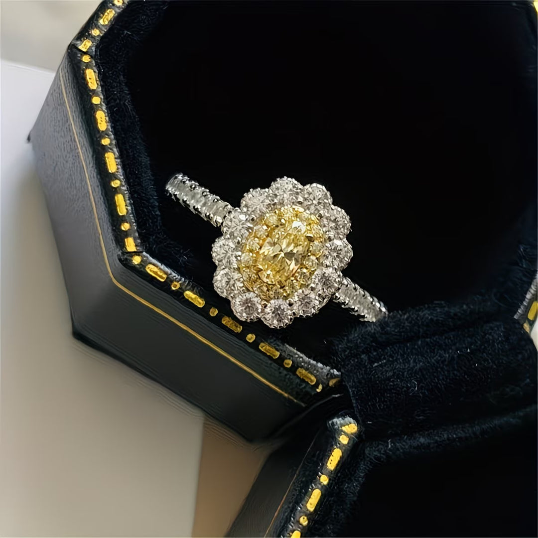 Oval Colored Gem Double Sunflower Halo Ring, Pink & Yellow Luxury Pave Engagement Band