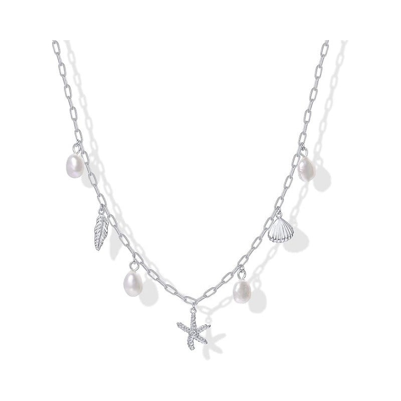 Beach Vacation Starfish Shell Feather Pearl Necklace, Simple Multi-Charm Ocean Style Clavicle Chain for Women