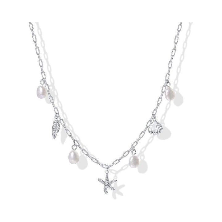 Beach Vacation Starfish Shell Feather Pearl Necklace, Simple Multi-Charm Ocean Style Clavicle Chain for Women