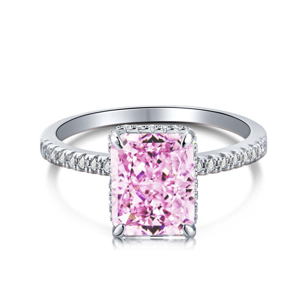 Radiant Cut Rectangular Gemstone Four-Prong Ring, Paved Shank Luxury Engagement Gem Band Multiple Colors