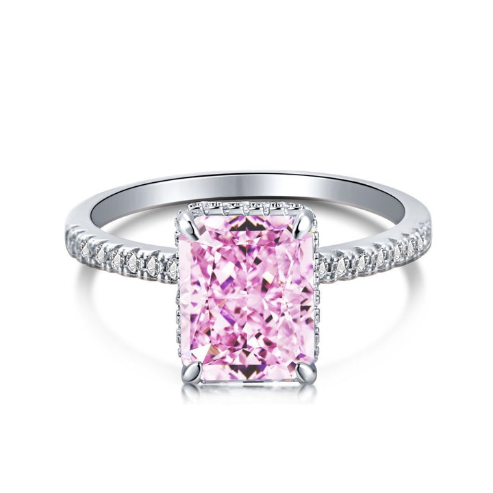 Radiant Cut Rectangular Gemstone Four-Prong Ring, Paved Shank Luxury Engagement Gem Band Multiple Colors