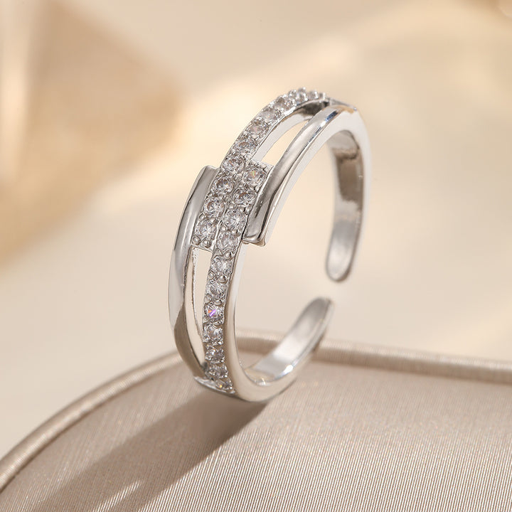 Double Layer Pave Cross Open Ring (2 Colors Delicate Adjustable Band)