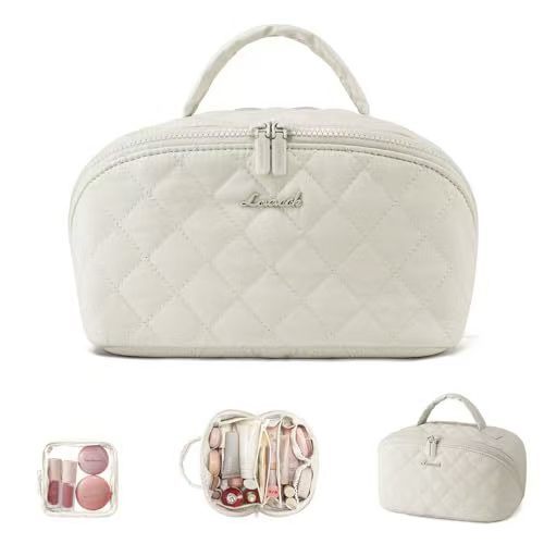 Quilted Grid Portable Large-Capacity Cosmetic Bag (Soft Pink Light Luxury Style Series)