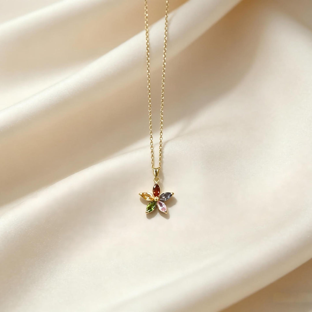 Marquise Diamond 5-Petal Flower Collarbone Necklace, Multi-color Dainty Floral Chain, Gold & Silver Two-Tone Elegant Ladies Jewelry