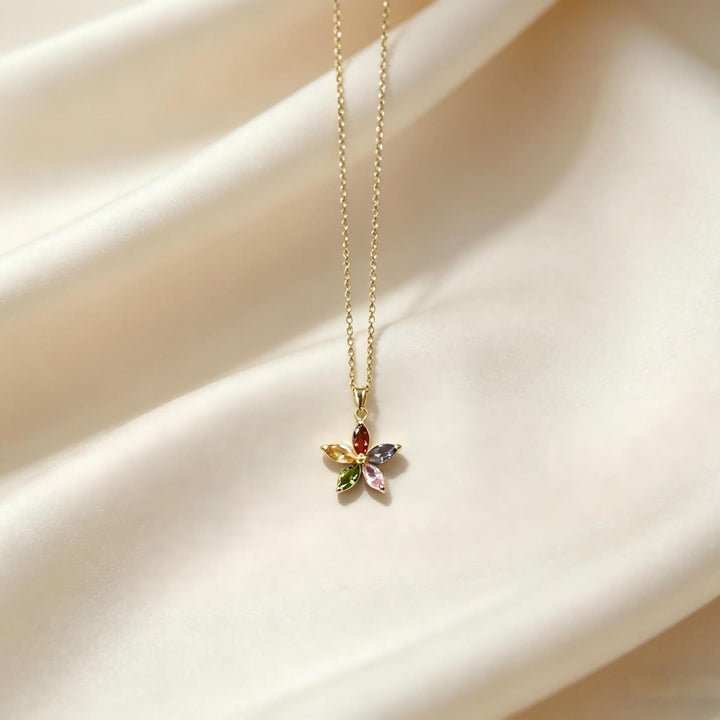 Marquise Diamond 5-Petal Flower Collarbone Necklace, Multi-color Dainty Floral Chain, Gold & Silver Two-Tone Elegant Ladies Jewelry