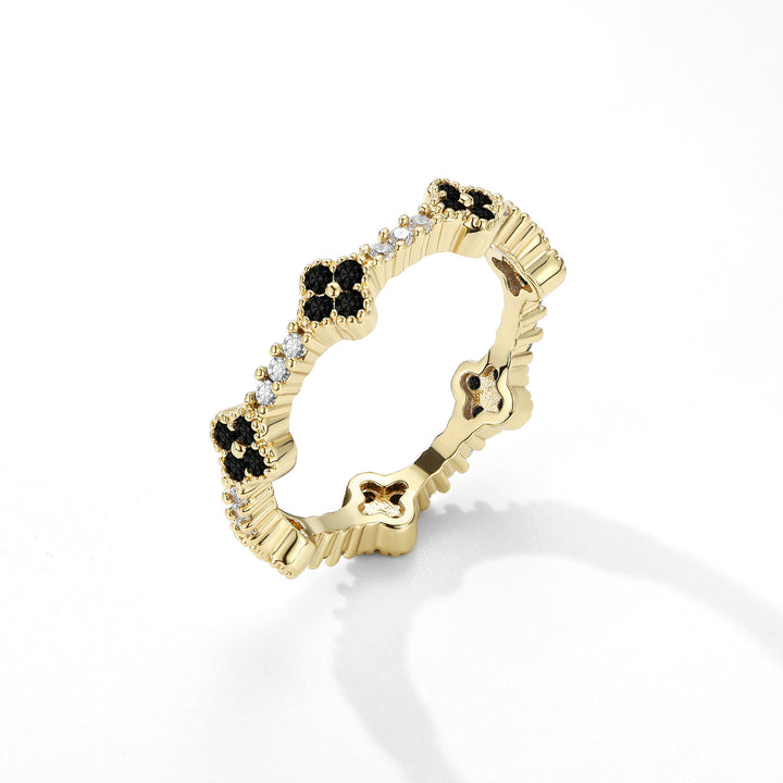 Four-Leaf Clover Pavé Gear Edge Ring Set (Luxury Vintage Lucky Band)