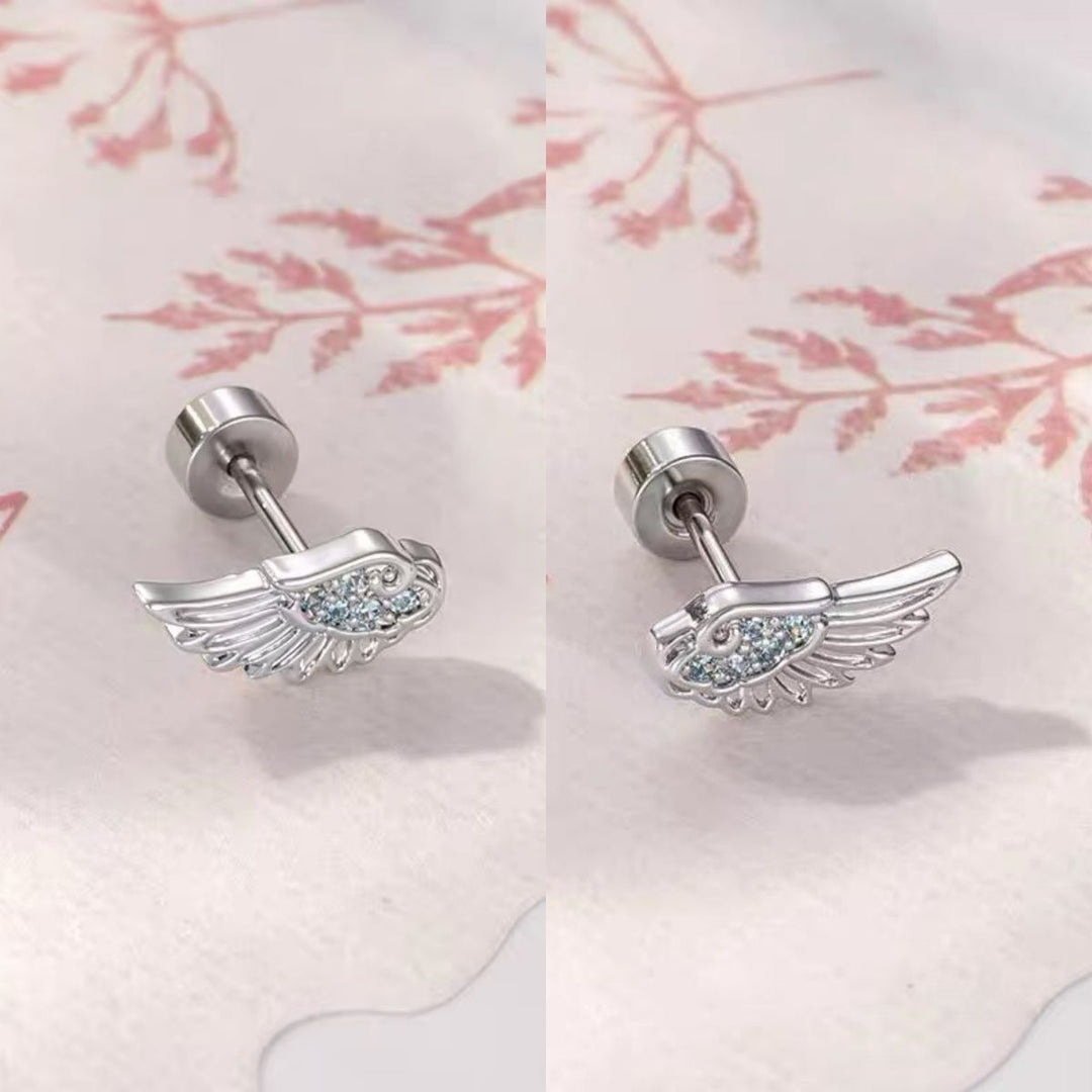 Wing Diamond Inlaid S925 Silver Stud Earrings, Delicate Angel Wing Ear Jewelry, Multi Color Available
