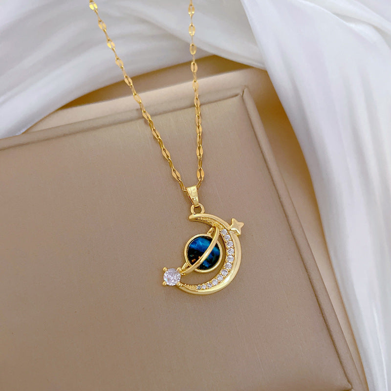 Starry Sky Series Necklace, Multi-Style Moon Star Planet Dolphin Paved Diamond Dainty Women Clavicle Chain