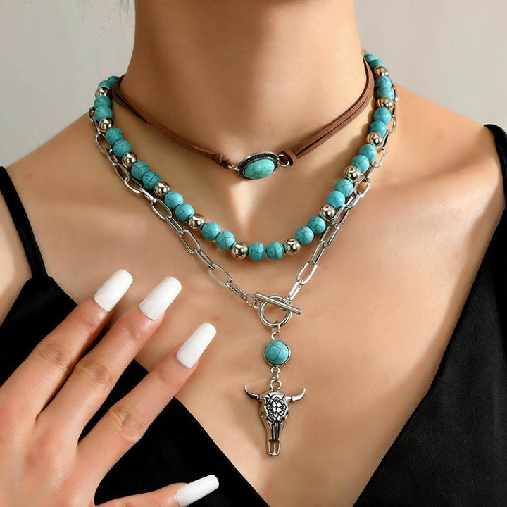 Western Multi-Layer Turquoise Bull Skull Stacked Necklace, S925 Silver Vintage Cowboy Double-Layer Choker Set