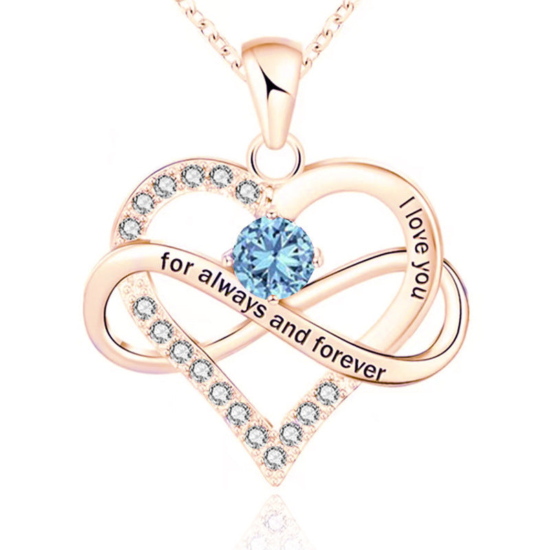 Infinity Intertwined Heart Engraved Birthstone Necklace, Eternal Love Heart Pendant Clavicle Chain with Birthstone