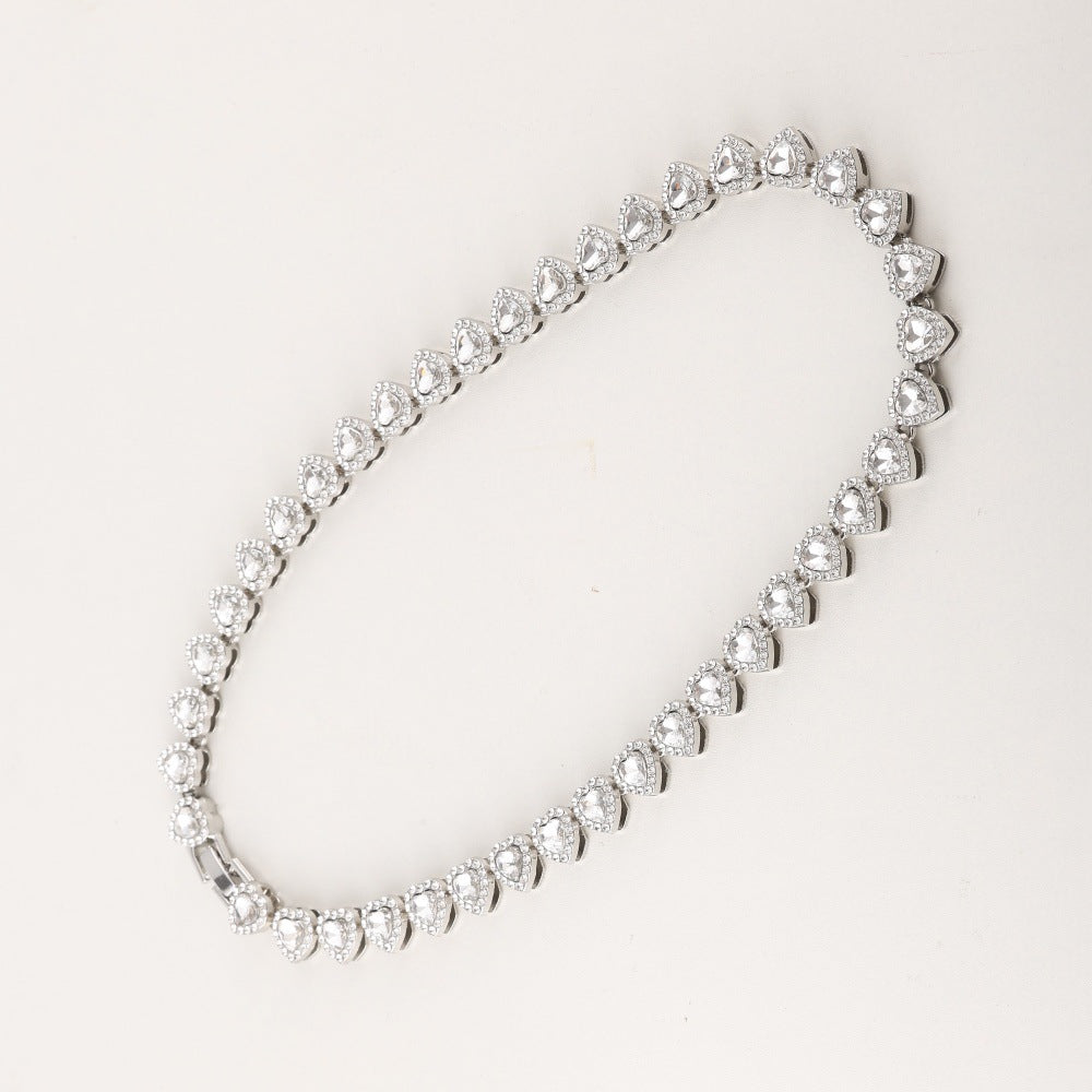 Full Paved Heart Chain Bracelet & Necklace Set, Sweet Style Dual-tone Heart Halo Diamond Matching Jewelry for Women & Couples