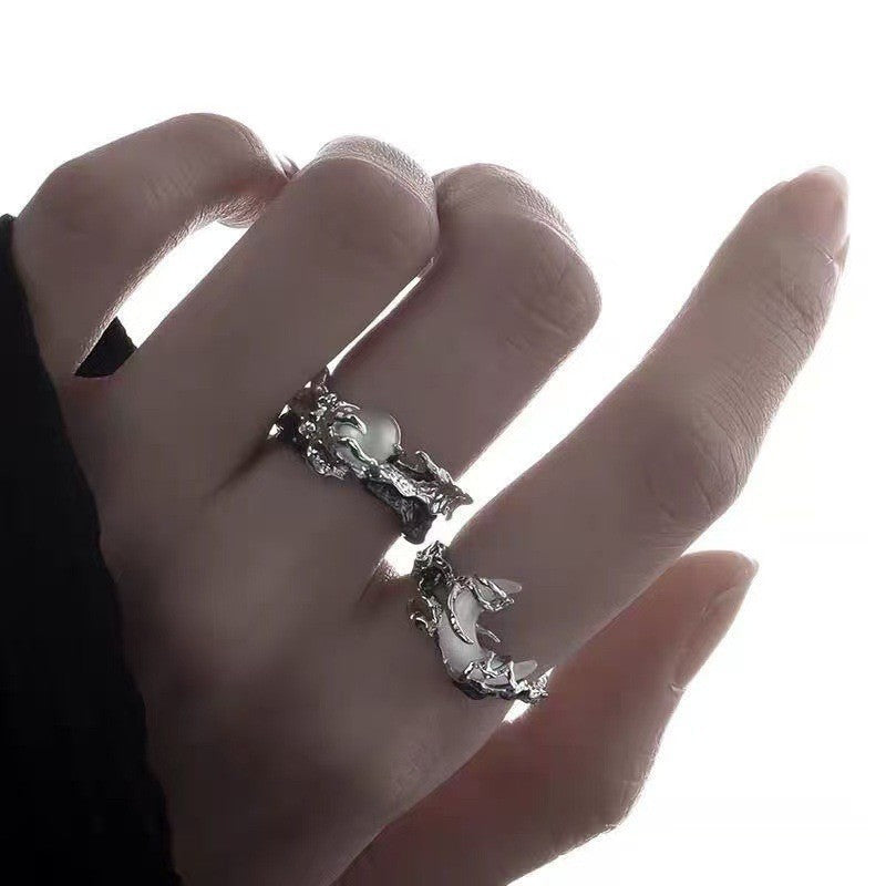 Goth Black & Silver & Moon Adjustable Couple Rings