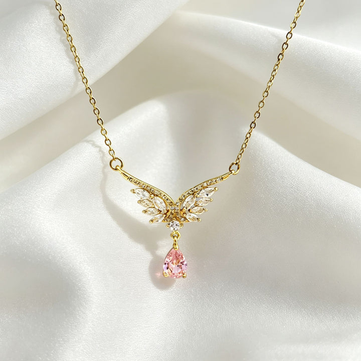 Angel Wing Teardrop Diamond Collarbone Necklace, Multiple Wing Styles Pink & White Diamond 14K Gold Plated Dainty Ladies Necklace