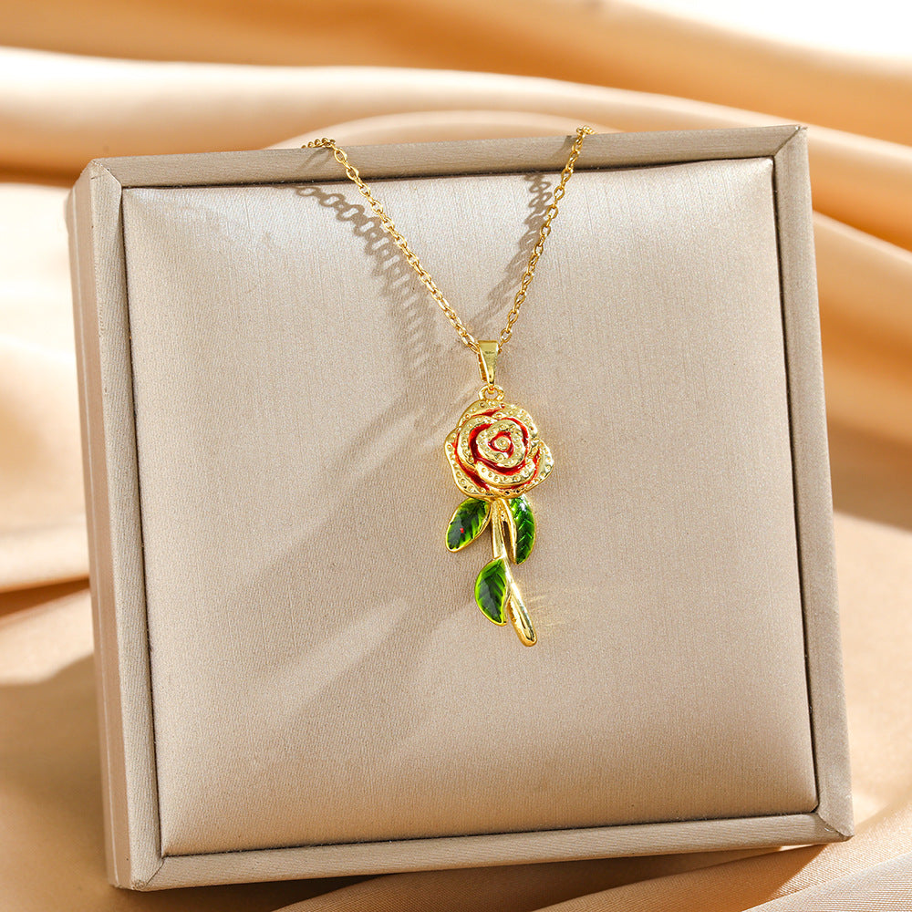 Velvet Red Rose Series Gold-Plated Collarbone Necklaces, 4 Styles Vintage Romantic Rose Pendant Thin Chains, Valentine’s Day Gift Jewelry