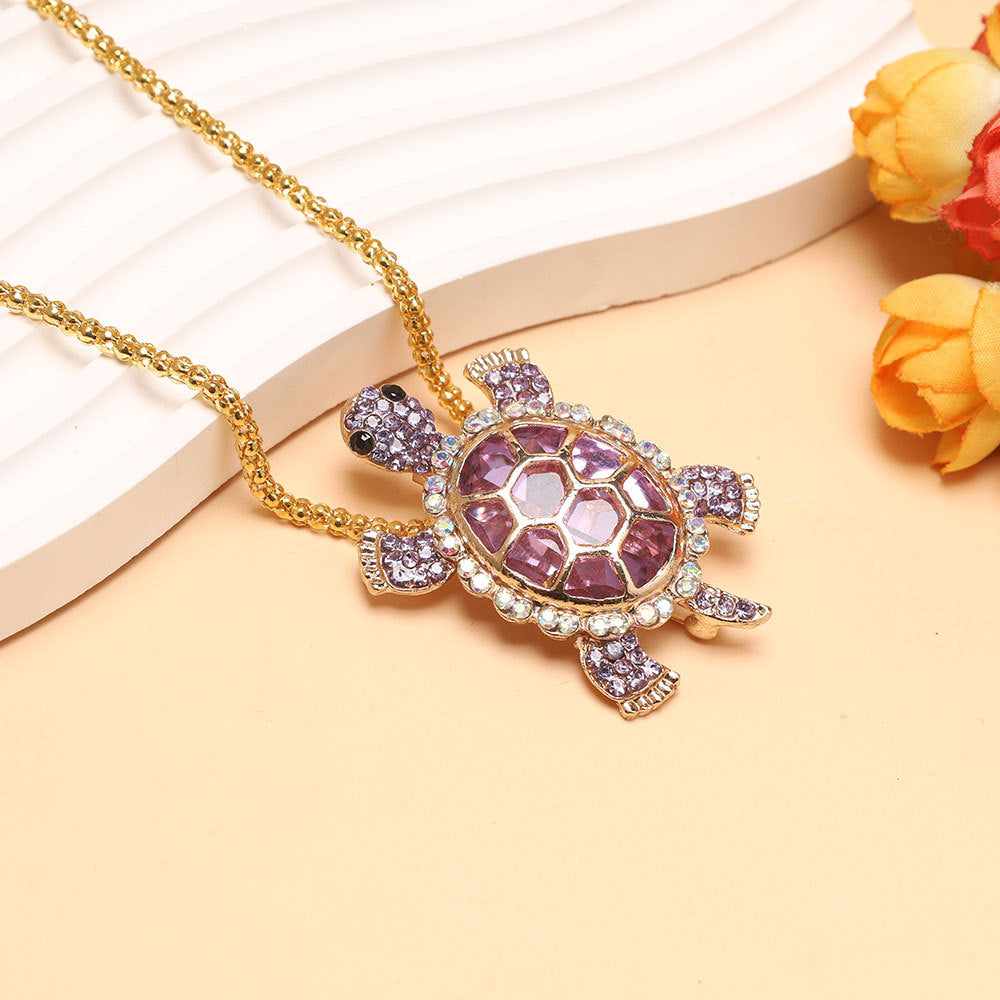 Diamond Turtle Pendant Necklace, Vintage Diamond Tortoise Animal Necklace