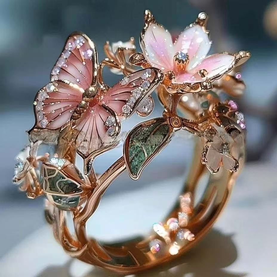 Enamel Butterfly & Flower 3D Open Ring, 3-Tone Vintage Forest Style Paved Diamond Artistic Statement Ring for Women