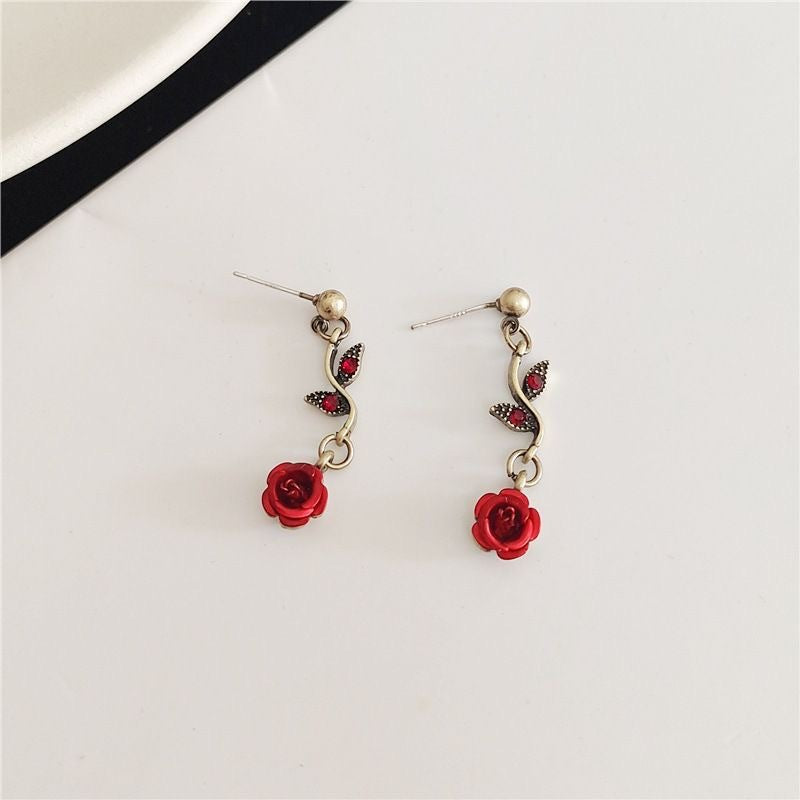 Vintage Red Rose Jewelry Set, S925 Silver Stud Earrings Rose Necklace & Bracelet 3Pcs Set