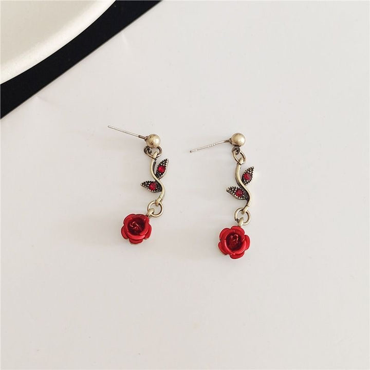 Vintage Red Rose Jewelry Set, S925 Silver Stud Earrings Rose Necklace & Bracelet 3Pcs Set