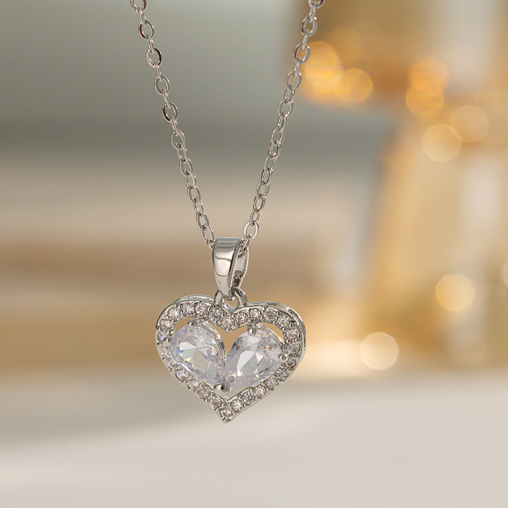 Two‑Stone Combined Heart Pendant Necklace, Multi‑Color Options