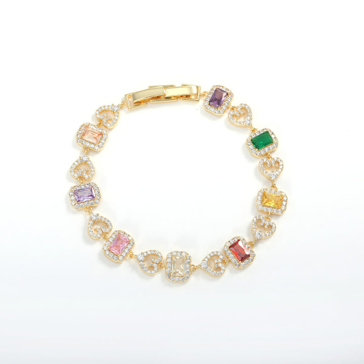 Heart & Rectangle Alternating Luxury Bracelet, 3 Styles Silver/Gold/Multi-Color Gem Women Jewelry