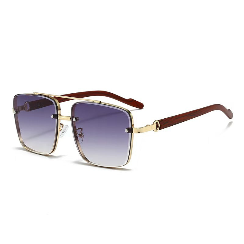 Vintage Double Rim Half-Rim Wood Grain Metal Aviator Sunglasses, Multi Gradient Lens Outdoor Shades