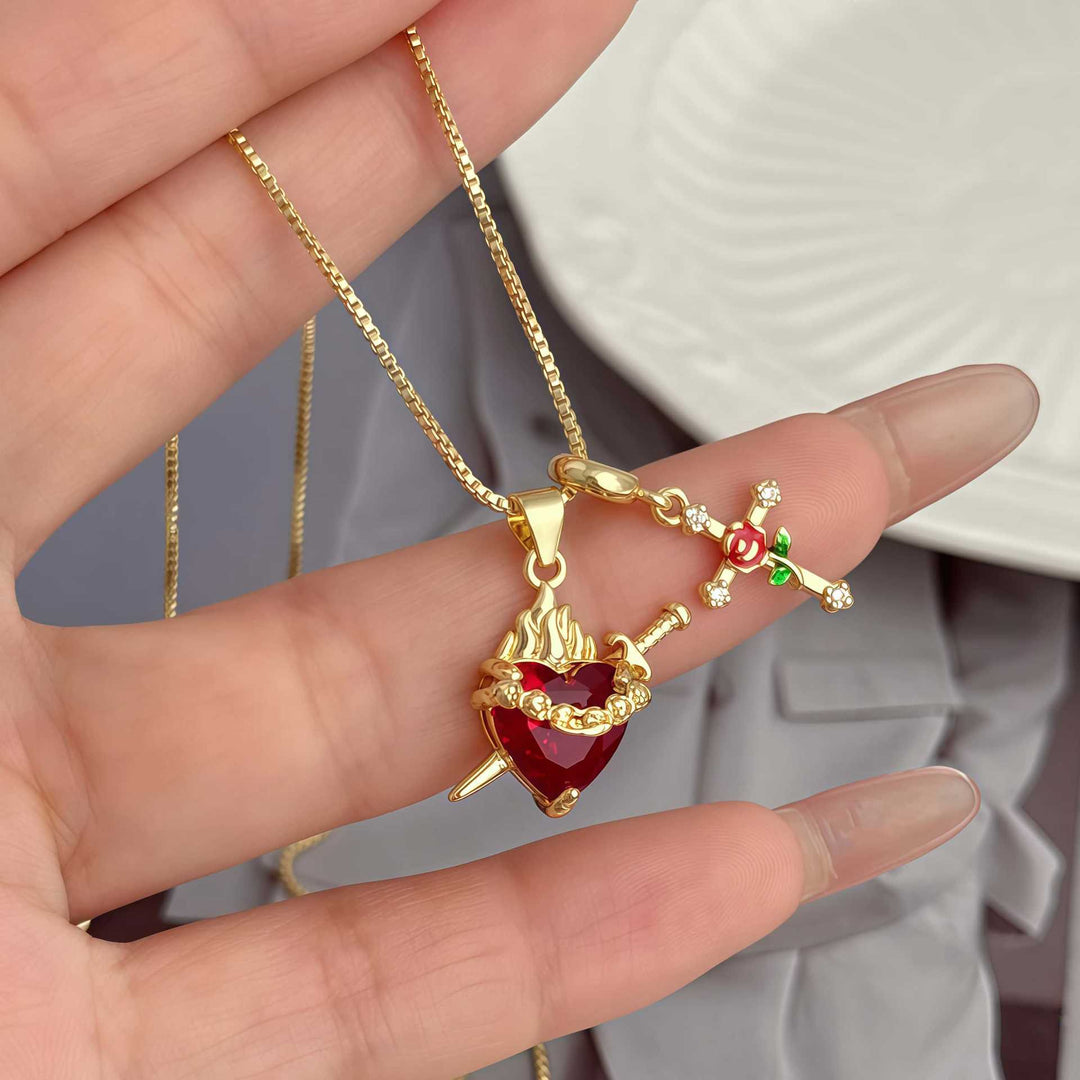 Sacred Heart Red Diamond & Rose Cross Combo Necklace, 3 Heart Styles Vintage Faith Choker