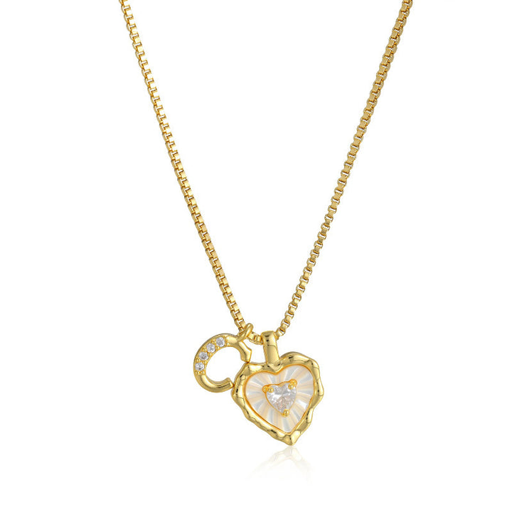 White Shell Heart Initial Necklace, Wavy Edge Mother of Pearl Pendant with Heart Diamond, Custom 26 Letters Gold Box Chain