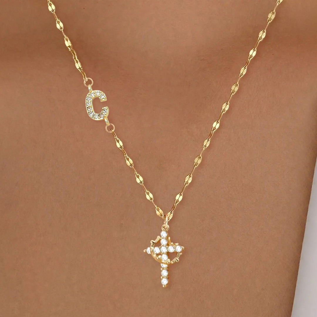 Diamond Initial & Cross Double Pendant Necklace (26 Letters Gold Tone Lip Chain)