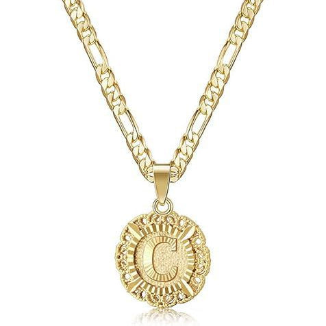 Vintage Lace Round 26 Letter Figaro Necklace, 14K Gold Plated Personal Initial Pendant Clavicle Chain