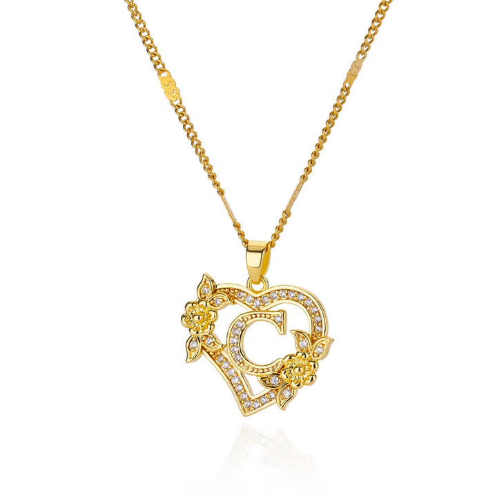 Vintage Flower Heart Pave Crystal Letter Necklace, 316L Stainless Steel 14K Gold Plated Luxury A-Z Initial Pendant Clavicle Chain Niche Jewelry