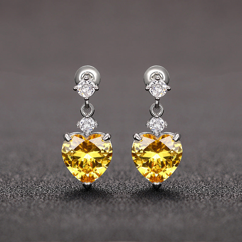 3-Stone Heart Diamond Dangle S925 Silver Stud Earrings, Multi-color Heart Cut Main Stone Luxury Earrings